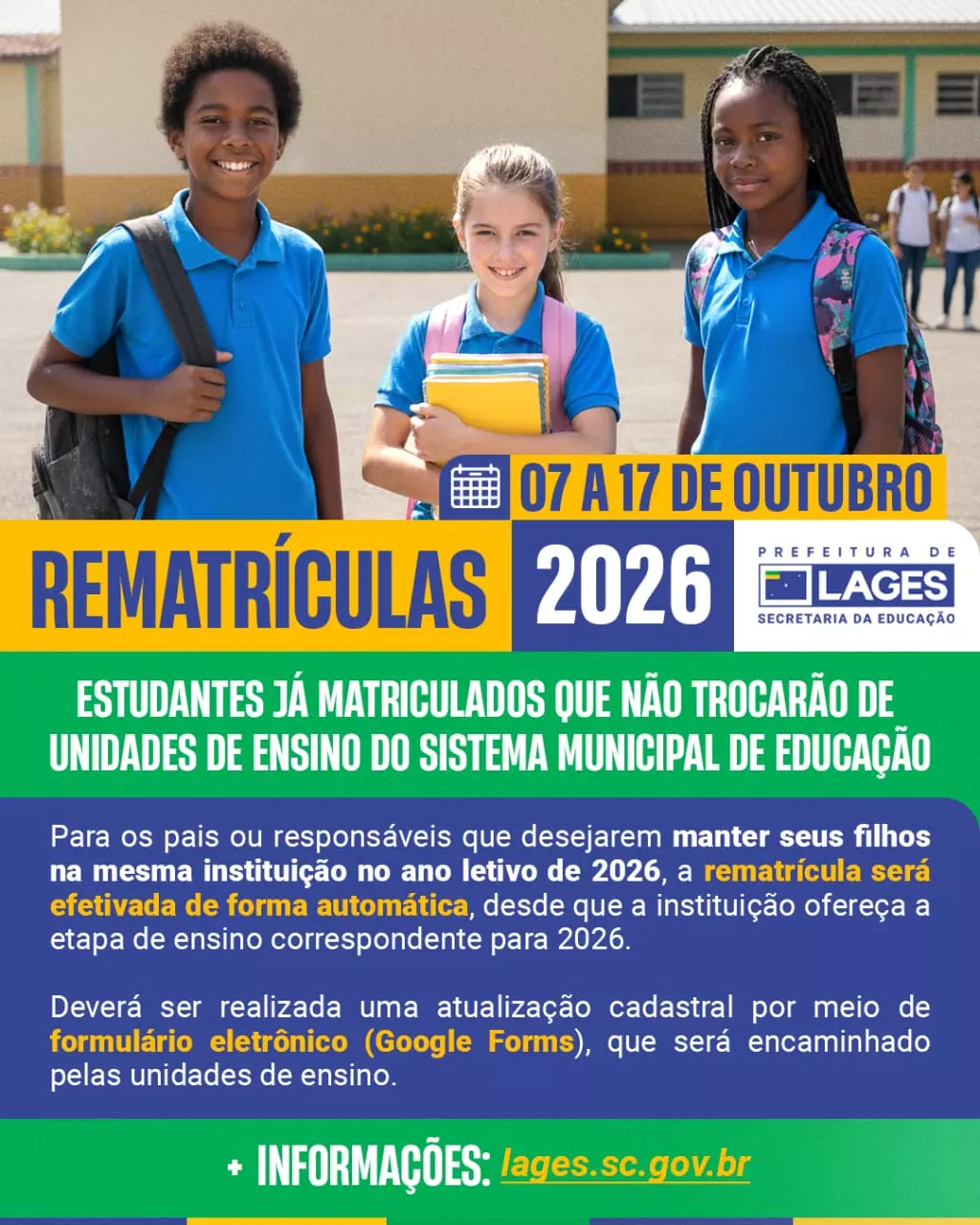 Rematrículas no Sistema Público Municipal de Educação de Lages para 2026 serão efetuadas de 7 a 17 de outubro